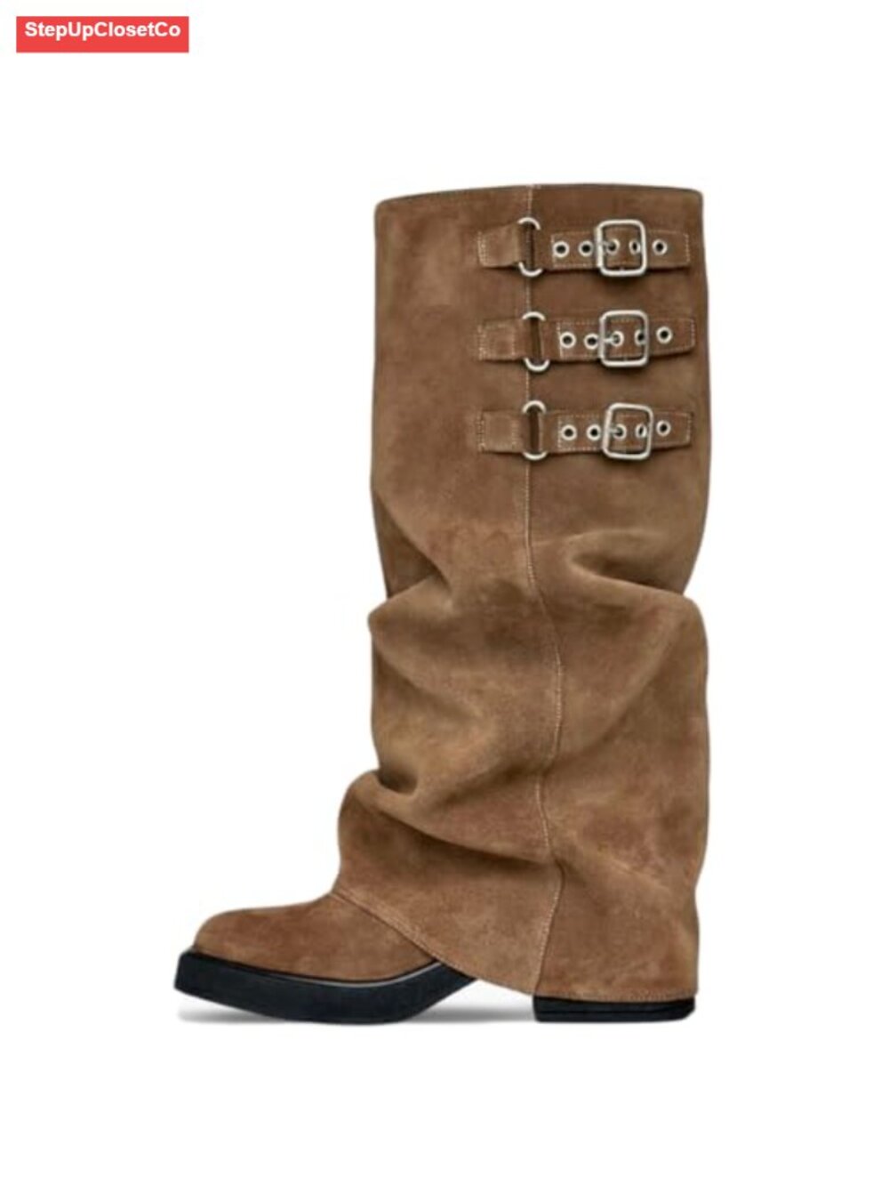 Knee High Boots Women PU Leather Fold Over Tall Motorcycle Boots Platform